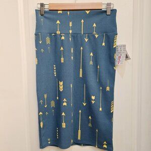 LuLaRoe ✦ Blue Pencil Skirt ✦ Yellow Arrow Print Stretchy Mid-Length Pull-On S